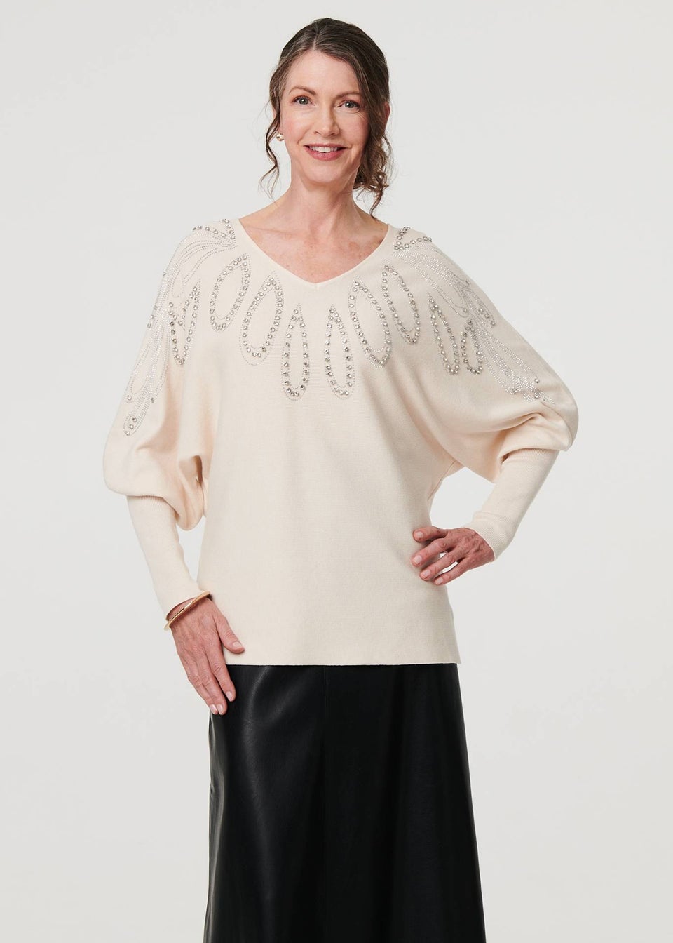 Izabel London Cream Embellished Batwing Sleeve Jumper
