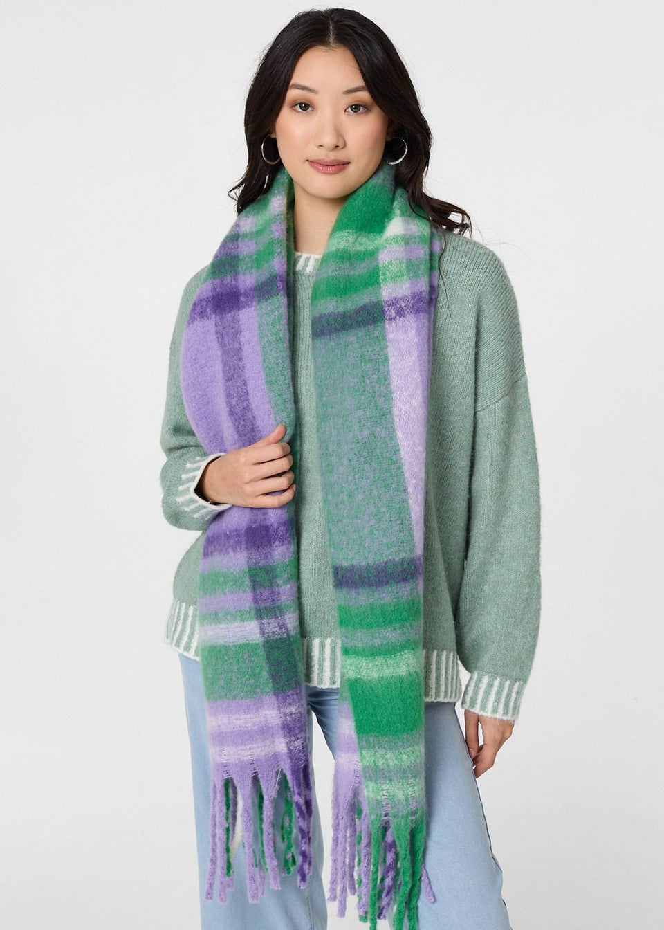 Izabel London Purple Checked Print Oversized Fringed Scarf