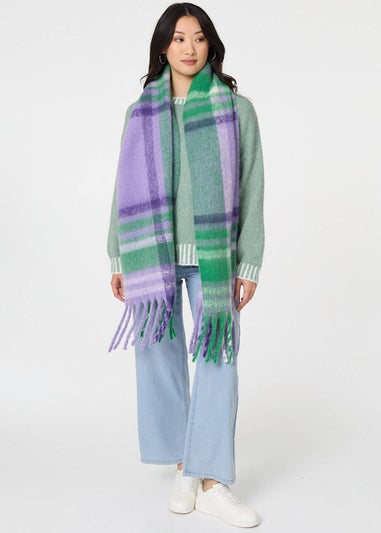 Izabel London Purple Checked Print Oversized Fringed Scarf