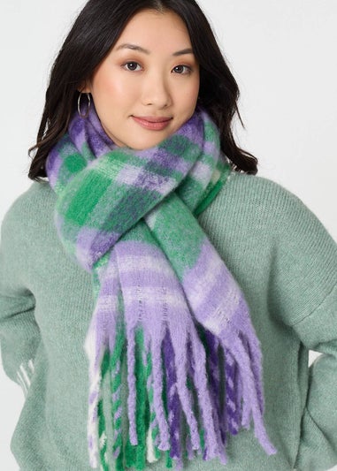 Izabel London Purple Checked Print Oversized Fringed Scarf