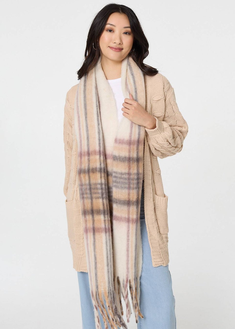 Izabel London Beige Checked Print Oversize Fringed Scarf