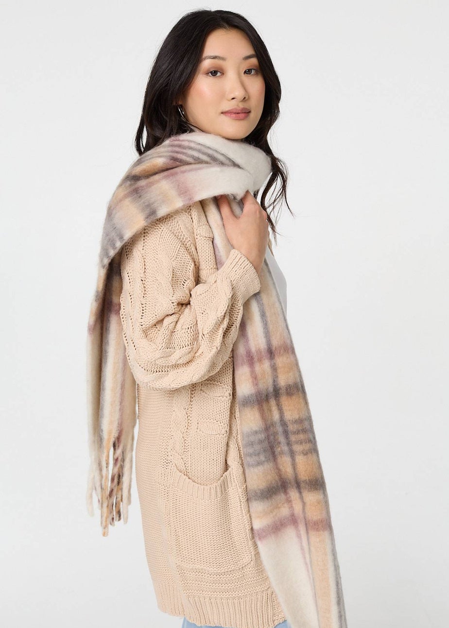 Izabel London Beige Checked Print Oversize Fringed Scarf