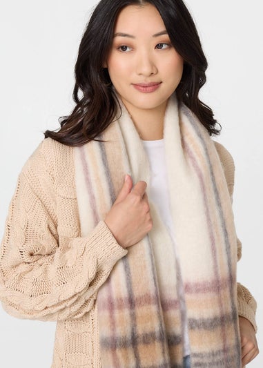 Izabel London Beige Checked Print Oversize Fringed Scarf