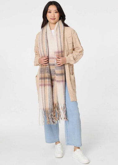 Izabel London Beige Checked Print Oversize Fringed Scarf