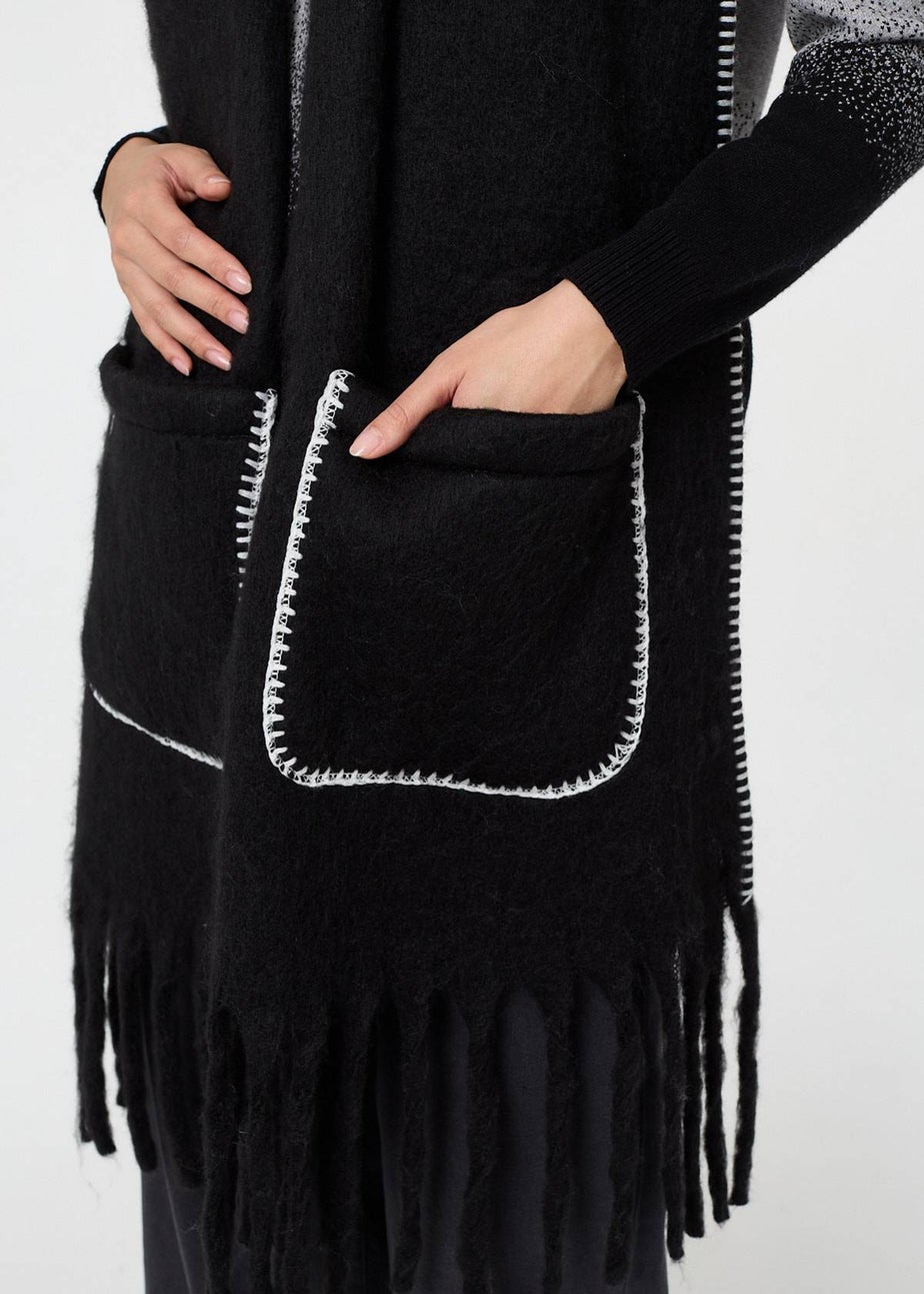 Izabel London Black Fringed Contrast Stitch Oversized Scarf