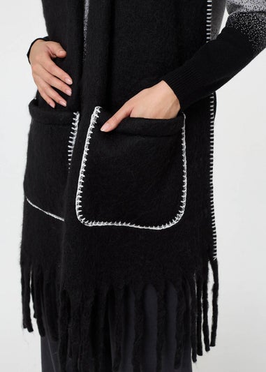 Izabel London Black Fringed Contrast Stitch Oversized Scarf