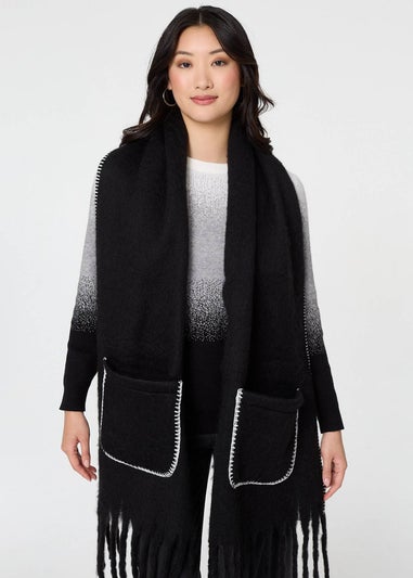 Izabel London Black Fringed Contrast Stitch Oversized Scarf