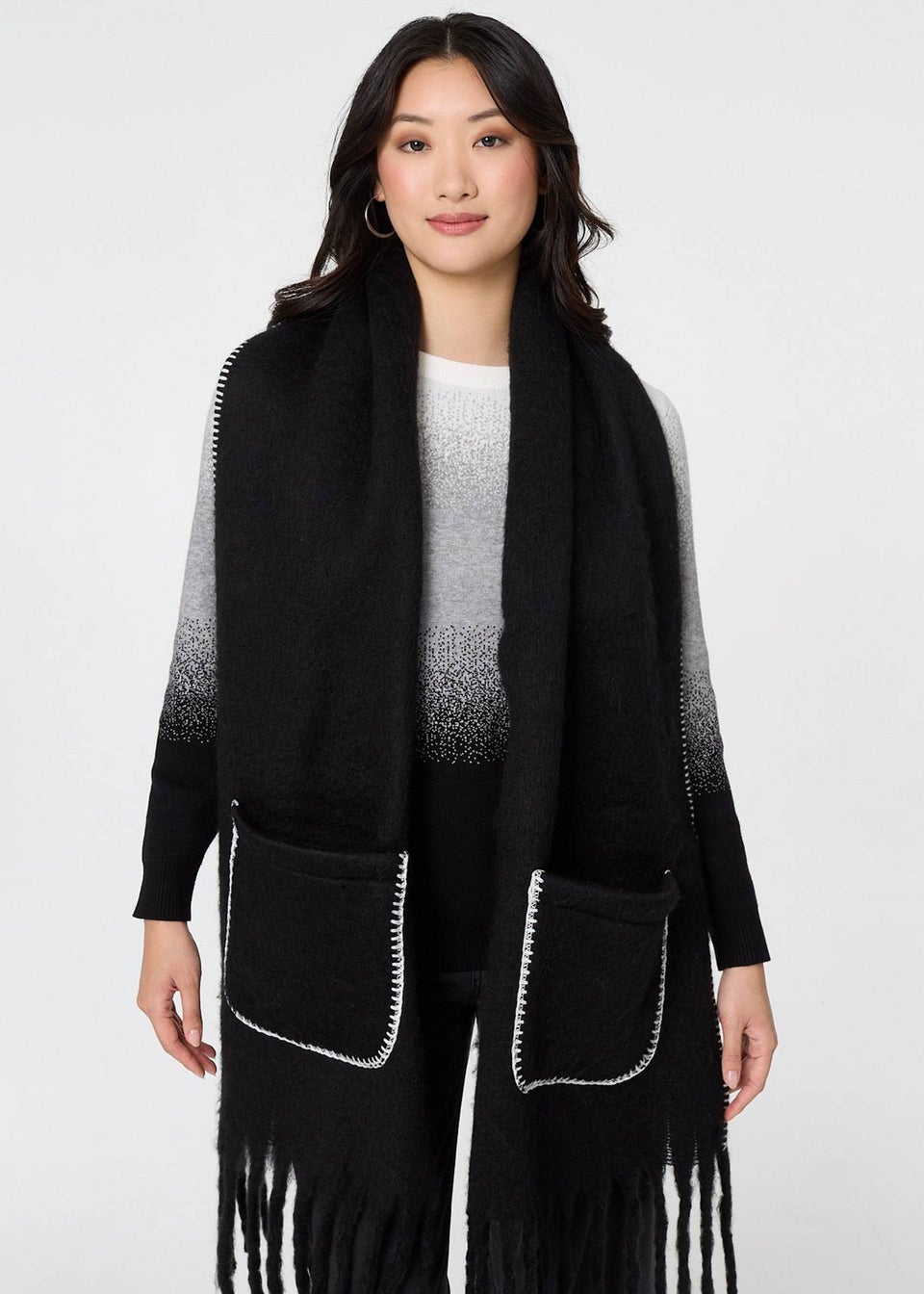 Izabel London Black Fringed Contrast Stitch Oversized Scarf
