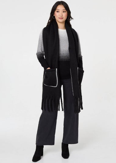 Izabel London Black Fringed Contrast Stitch Oversized Scarf