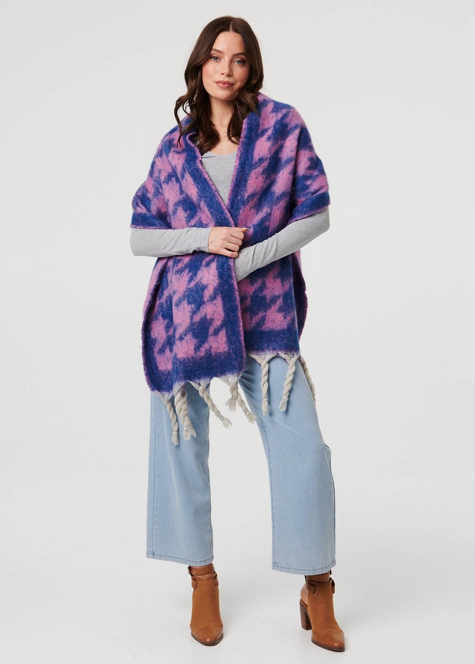 Izabel London Blue Houndstooth Print Oversize Fringed Scarf