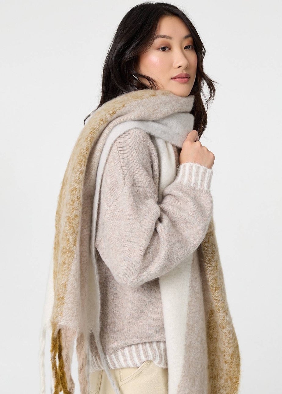 Izabel London Beige Striped Print Fringed Oversized Scarf
