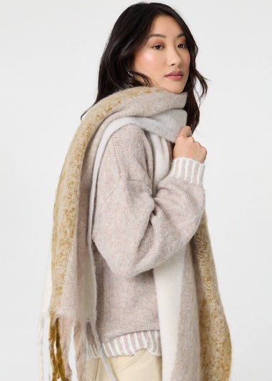 Izabel London Beige Striped Print Fringed Oversized Scarf