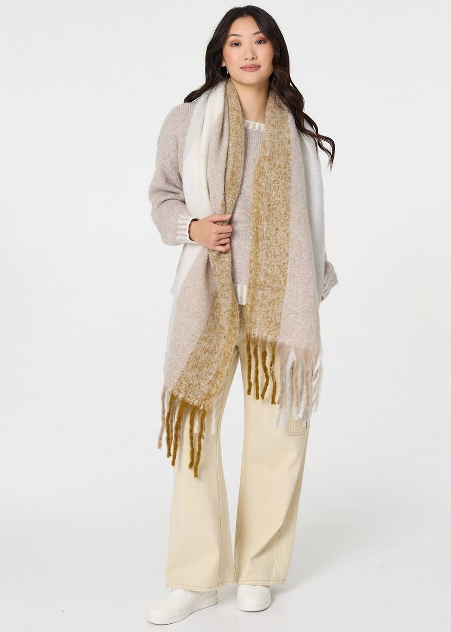 Izabel London Beige Striped Print Fringed Oversized Scarf