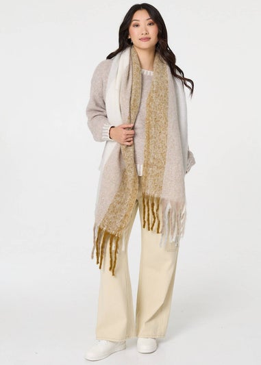 Izabel London Beige Striped Print Fringed Oversized Scarf