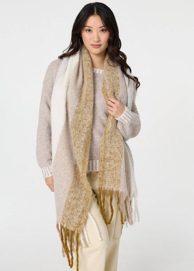 Izabel London Beige Striped Print Fringed Oversized Scarf