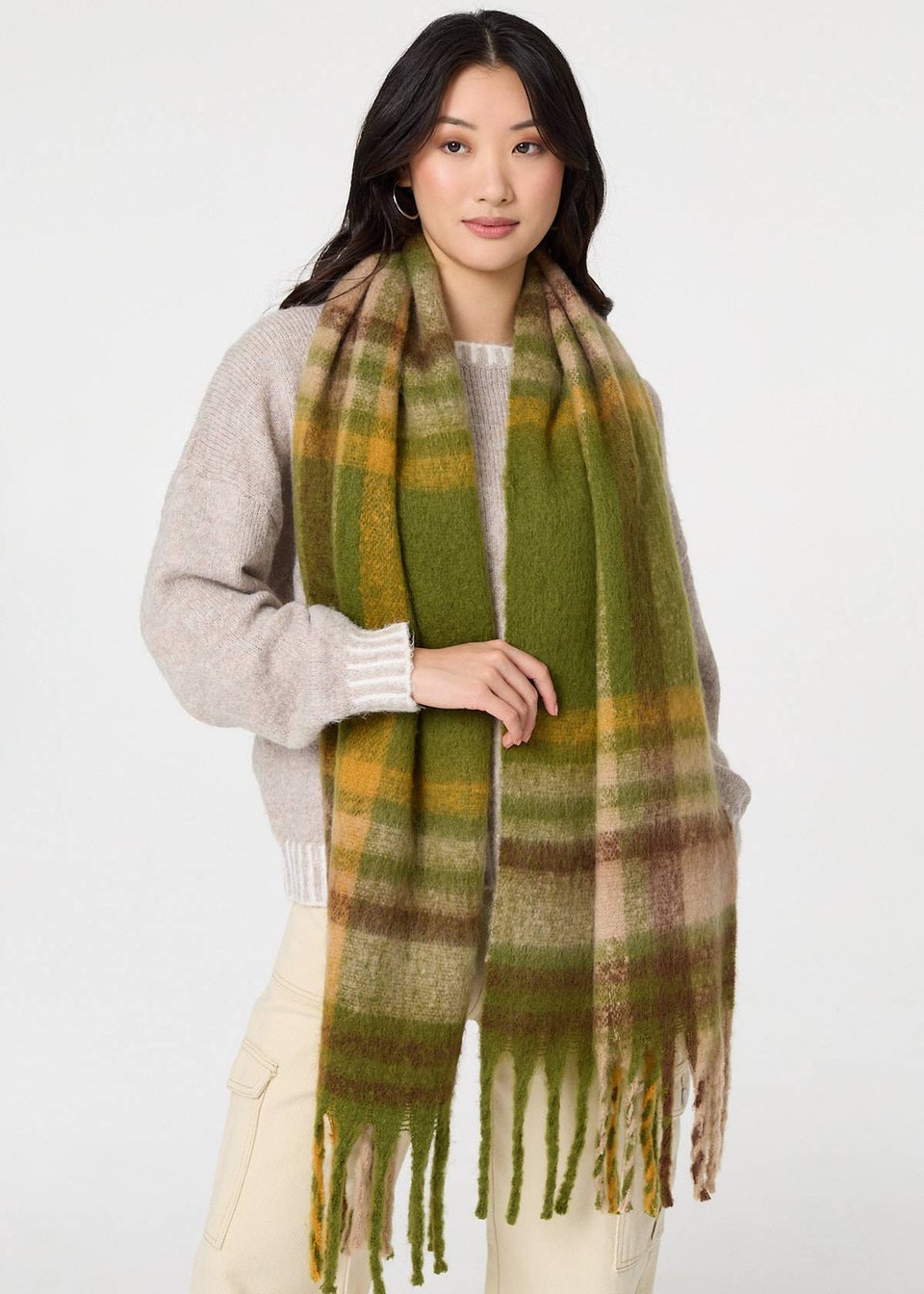 Izabel London Green Checked Print Fringed Oversized Scarf