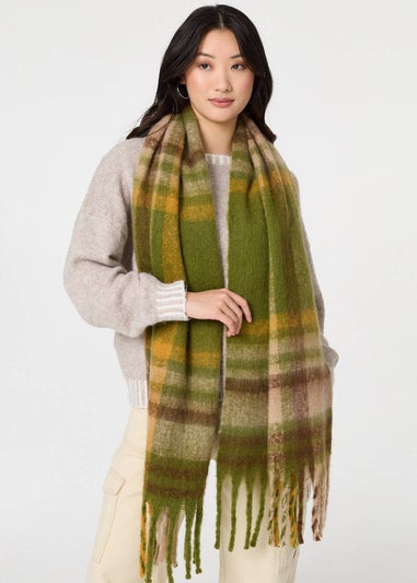 Izabel London Green Checked Print Fringed Oversized Scarf