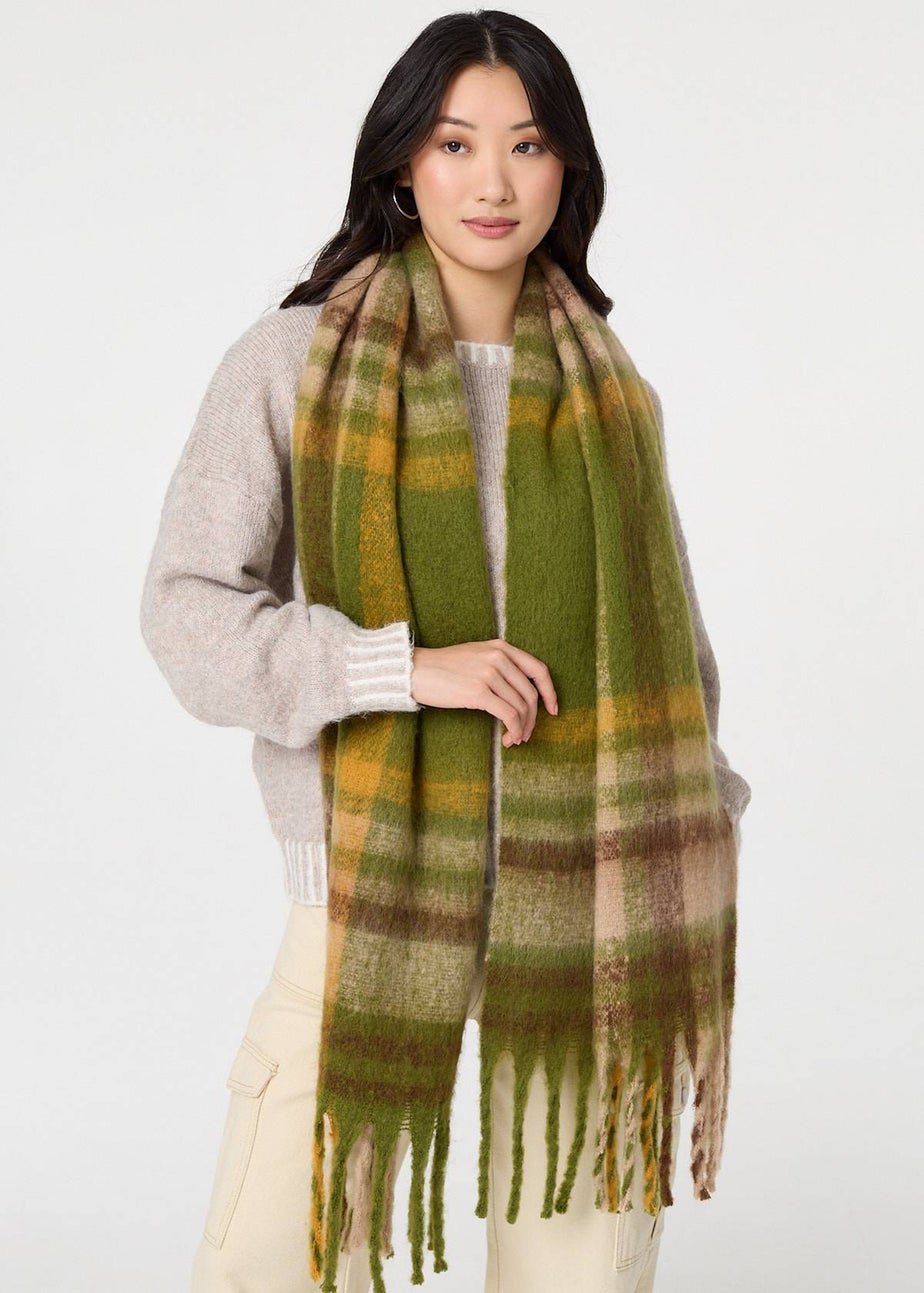 Izabel London Green Checked Print Fringed Oversized Scarf