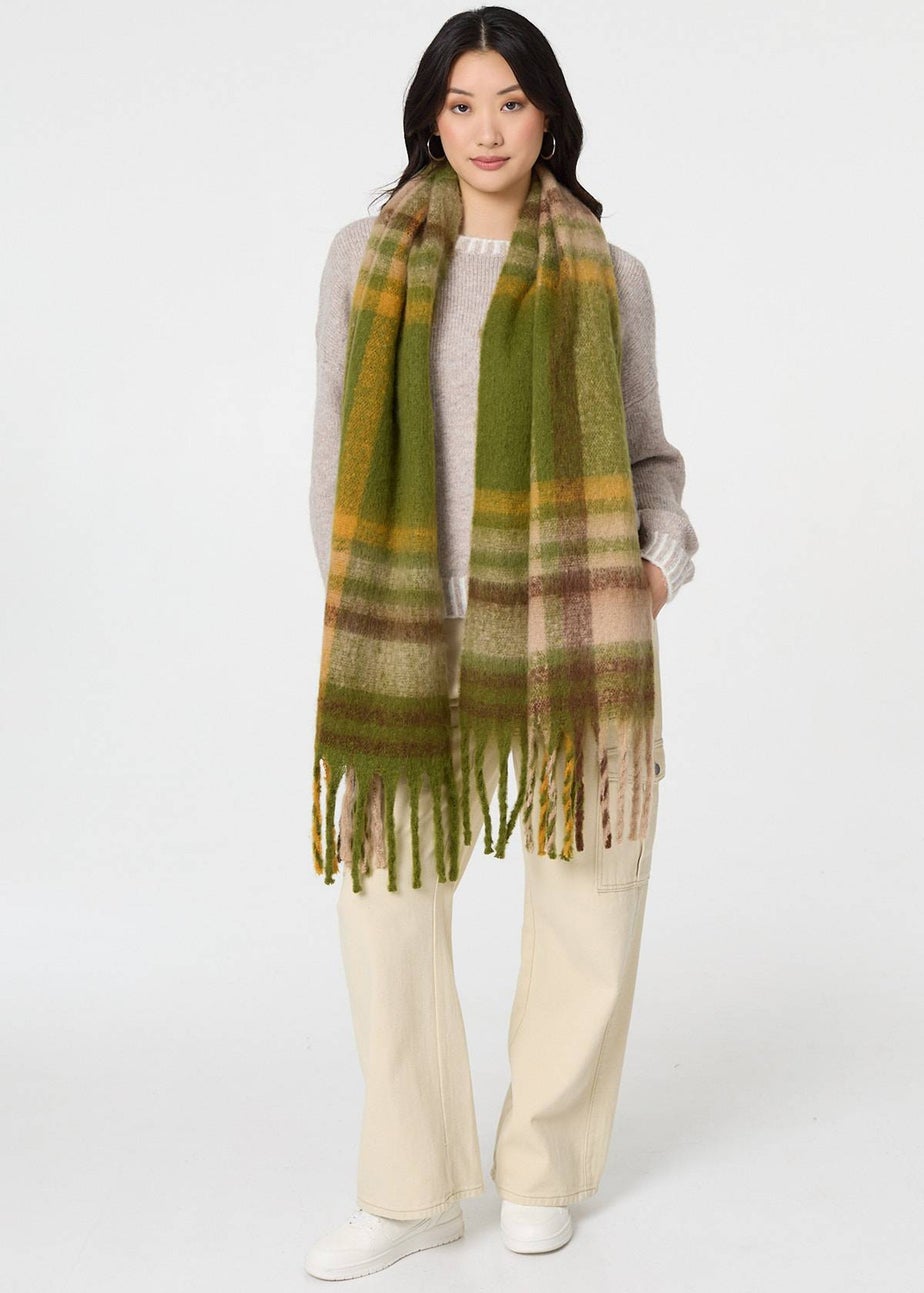 Izabel London Green Checked Print Fringed Oversized Scarf
