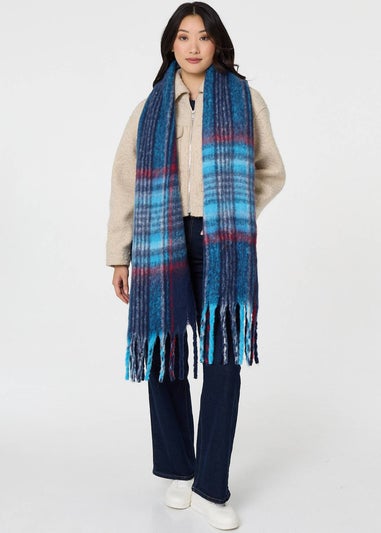 Izabel London Blue Tartan Print Fringed Oversized Scarf