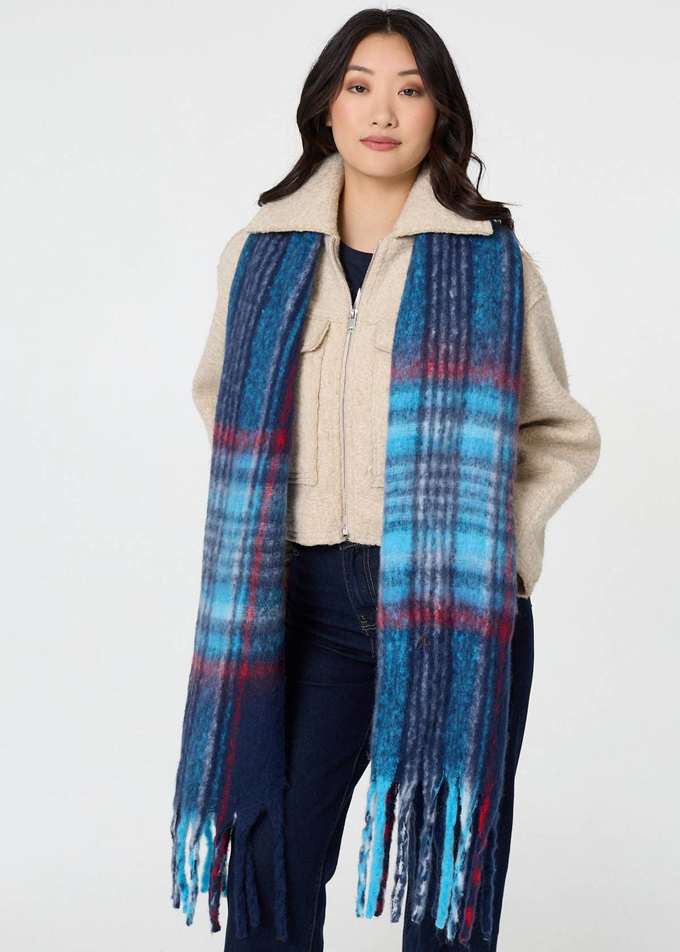 Izabel London Blue Tartan Print Fringed Oversized Scarf