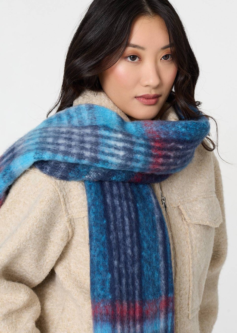 Izabel London Blue Tartan Print Fringed Oversized Scarf