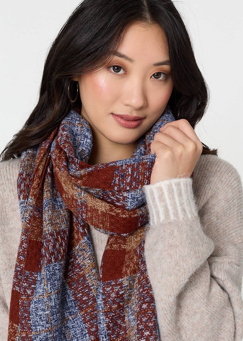 Izabel London Blue Checked Print Oversized Fringe Scarf