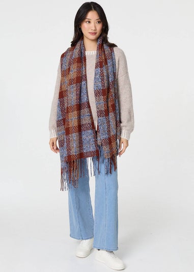 Izabel London Blue Checked Print Oversized Fringe Scarf