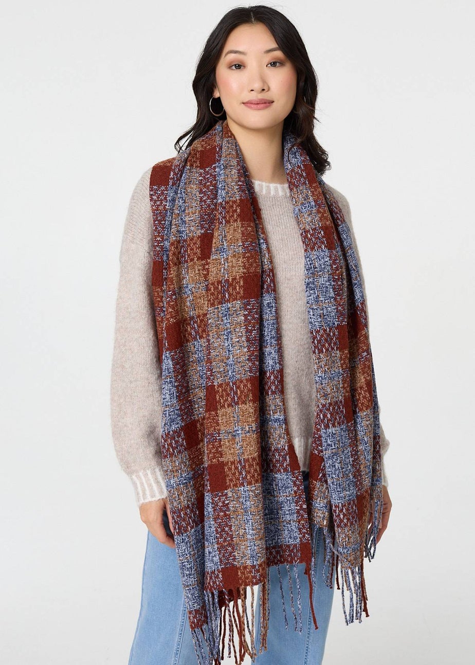 Izabel London Blue Checked Print Oversized Fringe Scarf