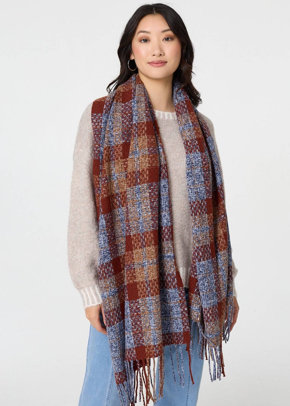 Izabel London Blue Checked Print Oversized Fringe Scarf