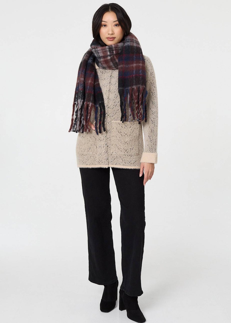 Izabel London Grey Tartan Print Oversized Fringed Scarf