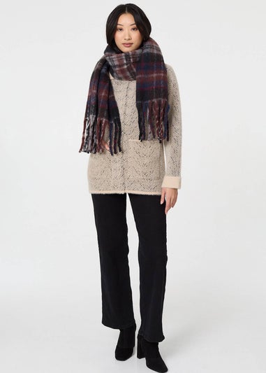 Izabel London Grey Tartan Print Oversized Fringed Scarf