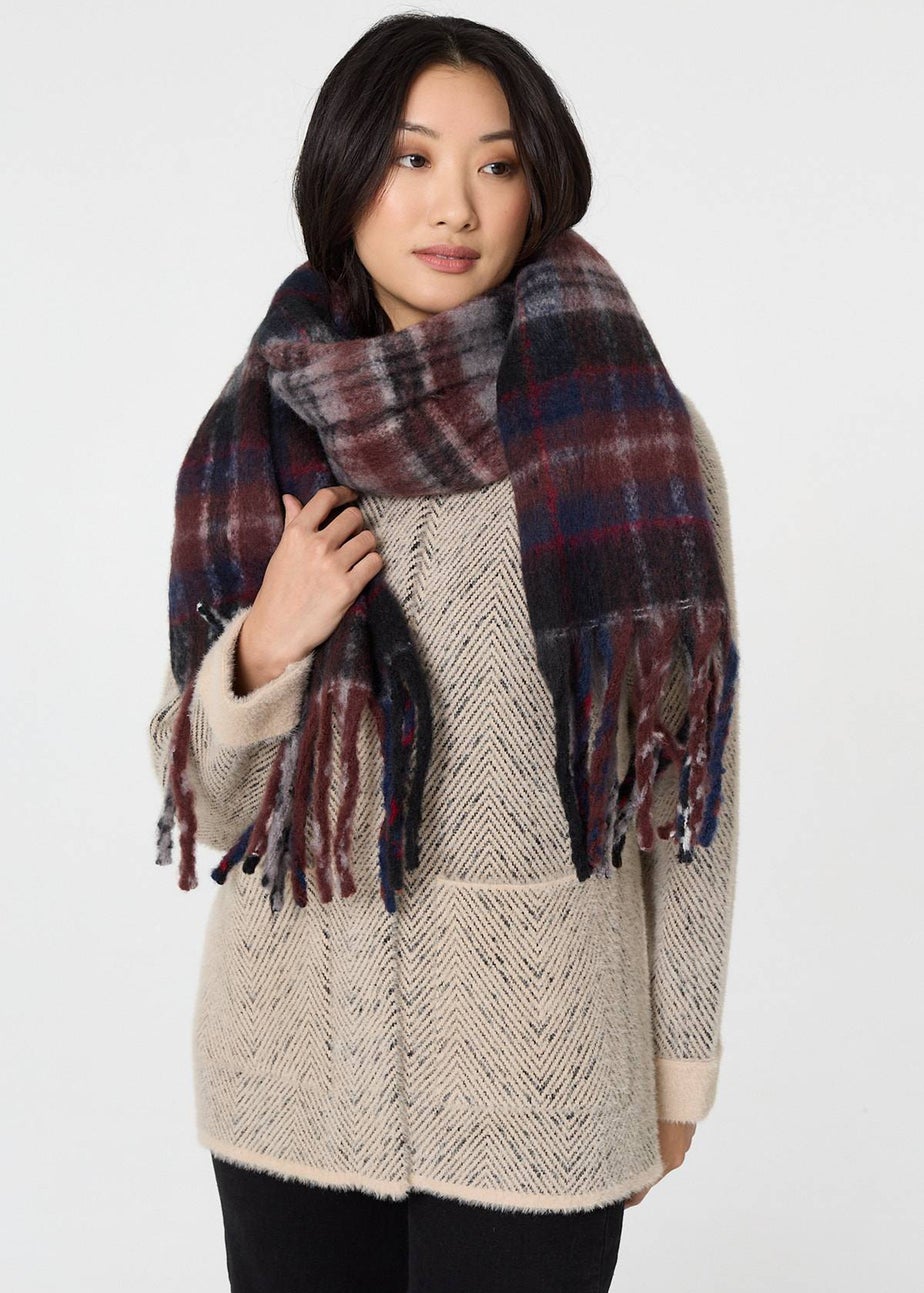 Izabel London Grey Tartan Print Oversized Fringed Scarf