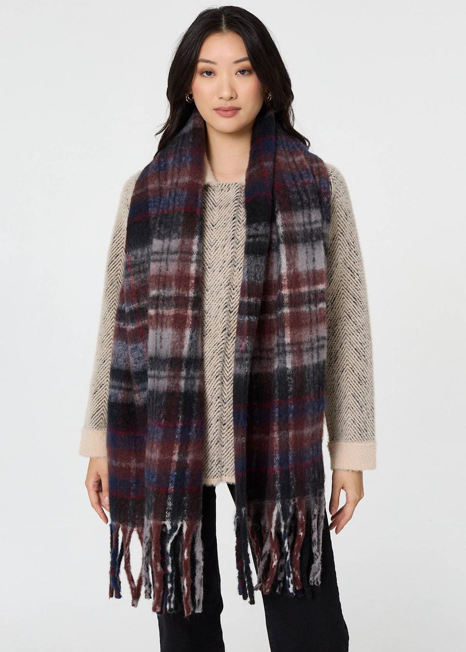 Izabel London Grey Tartan Print Oversized Fringed Scarf