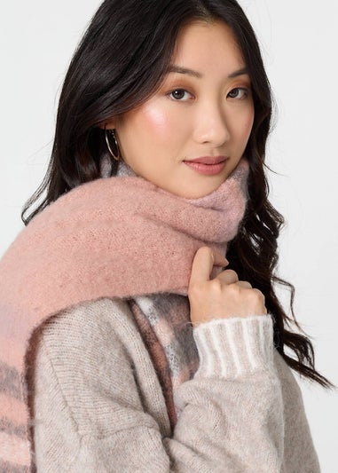 Izabel London Pink Checked Print Fringed Oversize Scarf