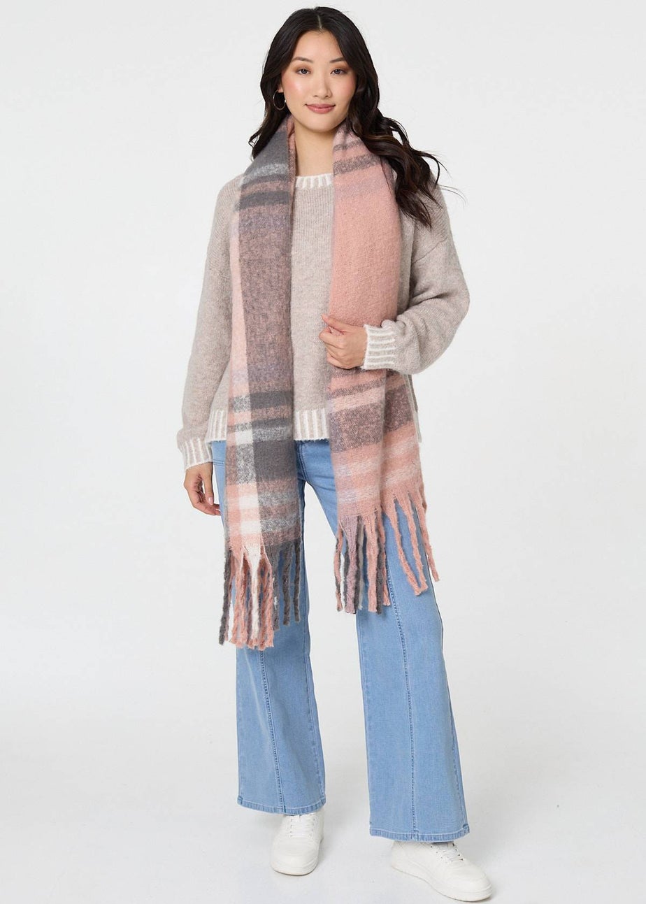 Izabel London Pink Checked Print Fringed Oversize Scarf