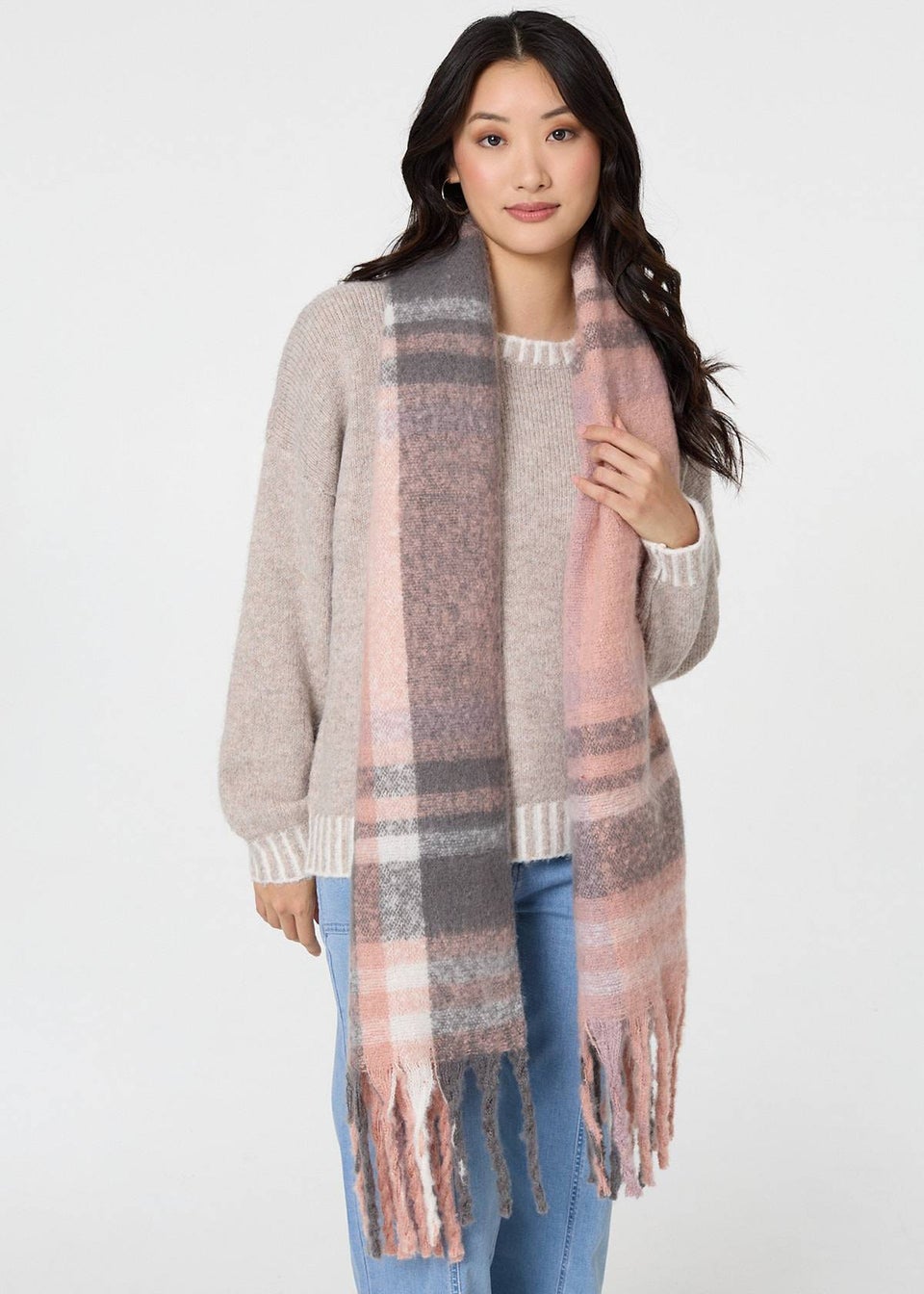 Izabel London Pink Checked Print Fringed Oversize Scarf