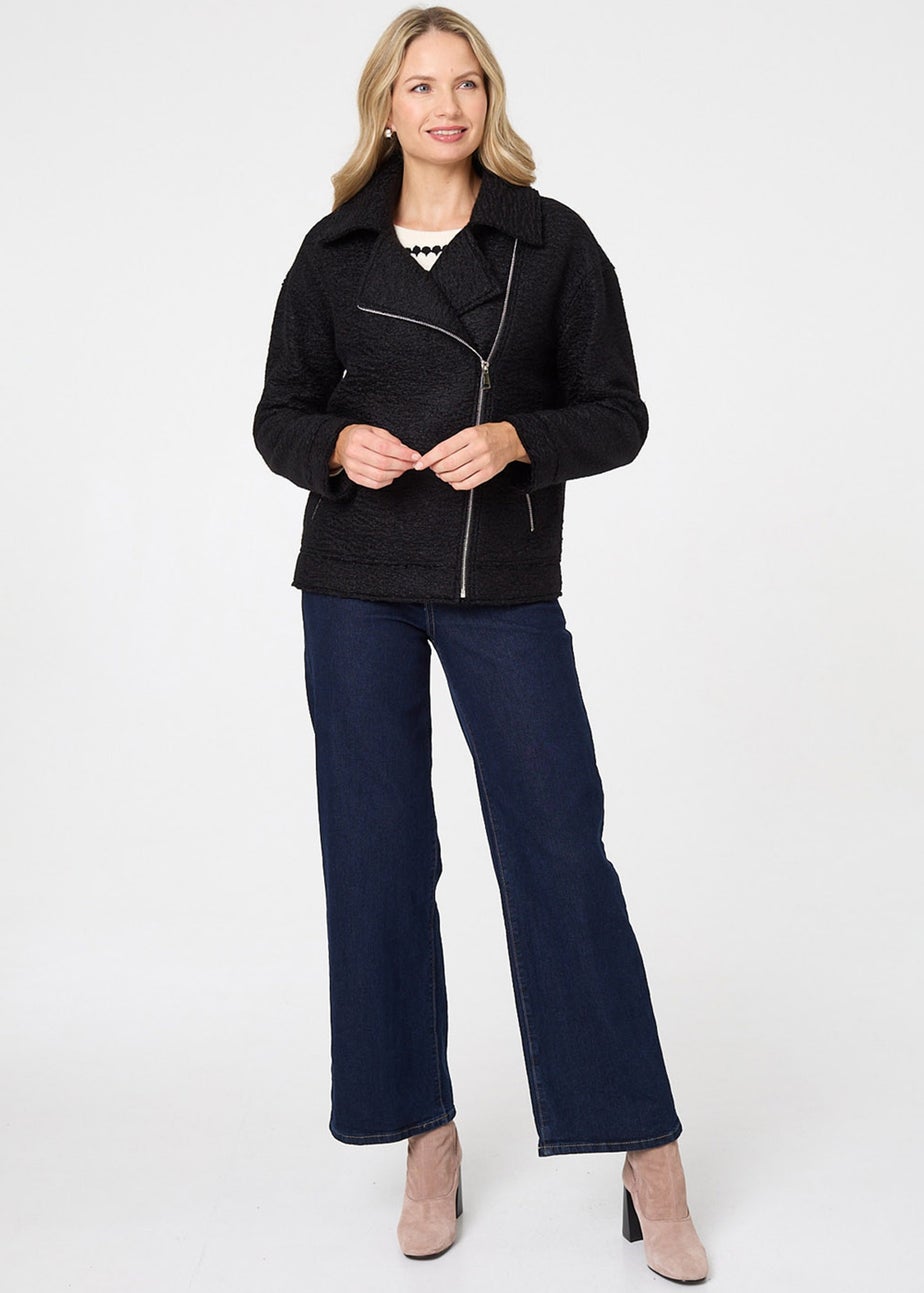 Izabel London Black Textured Asymmetric Biker Jacket
