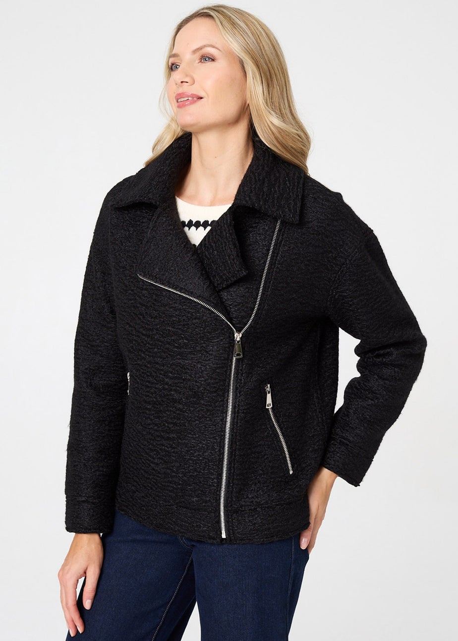Izabel London Black Textured Asymmetric Biker Jacket