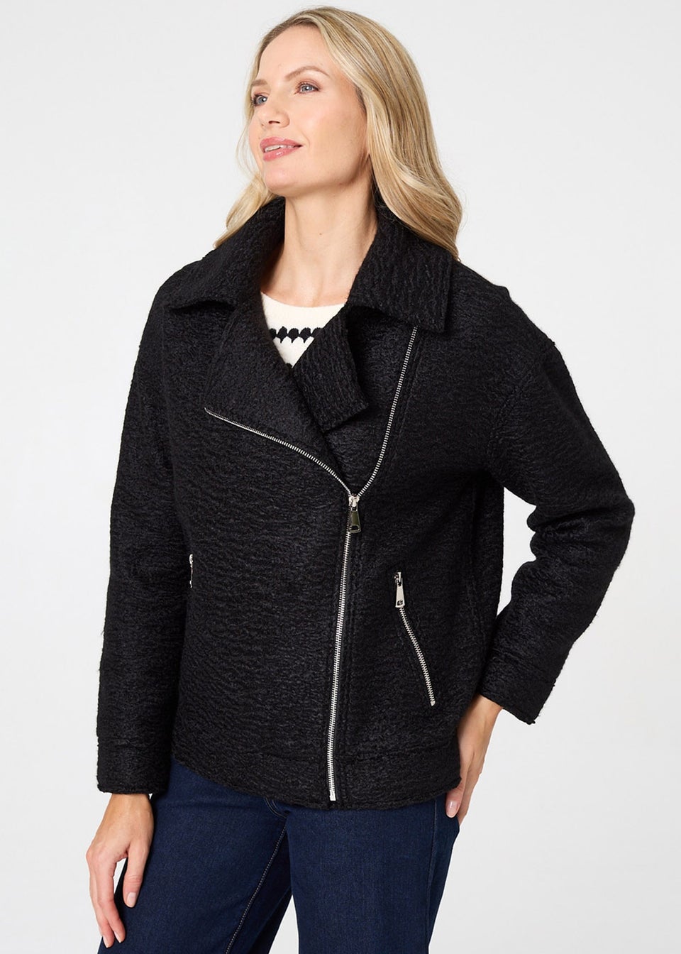 Izabel London Black Textured Asymmetric Biker Jacket