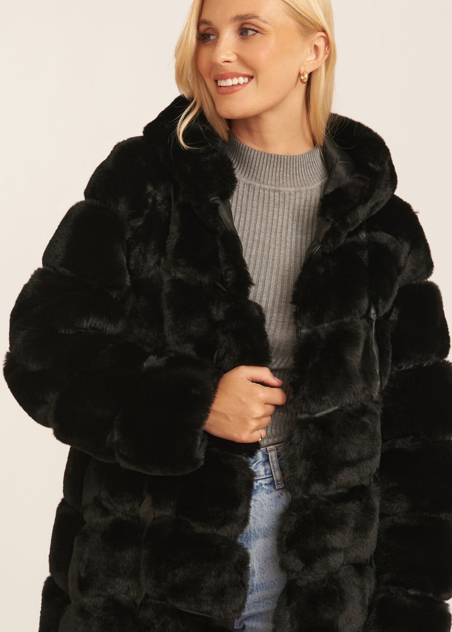 Gini London Black Panelled Hooded Longline Fur Coat