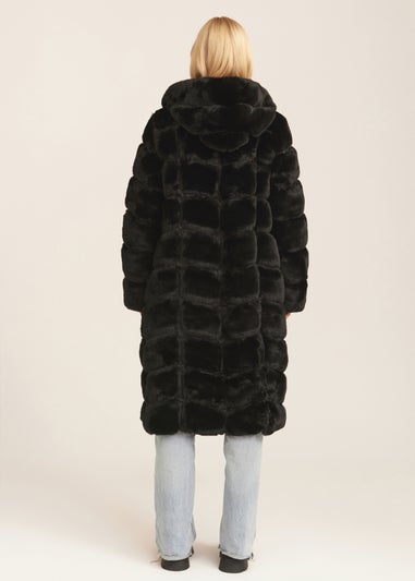 Gini London Black Panelled Hooded Longline Fur Coat
