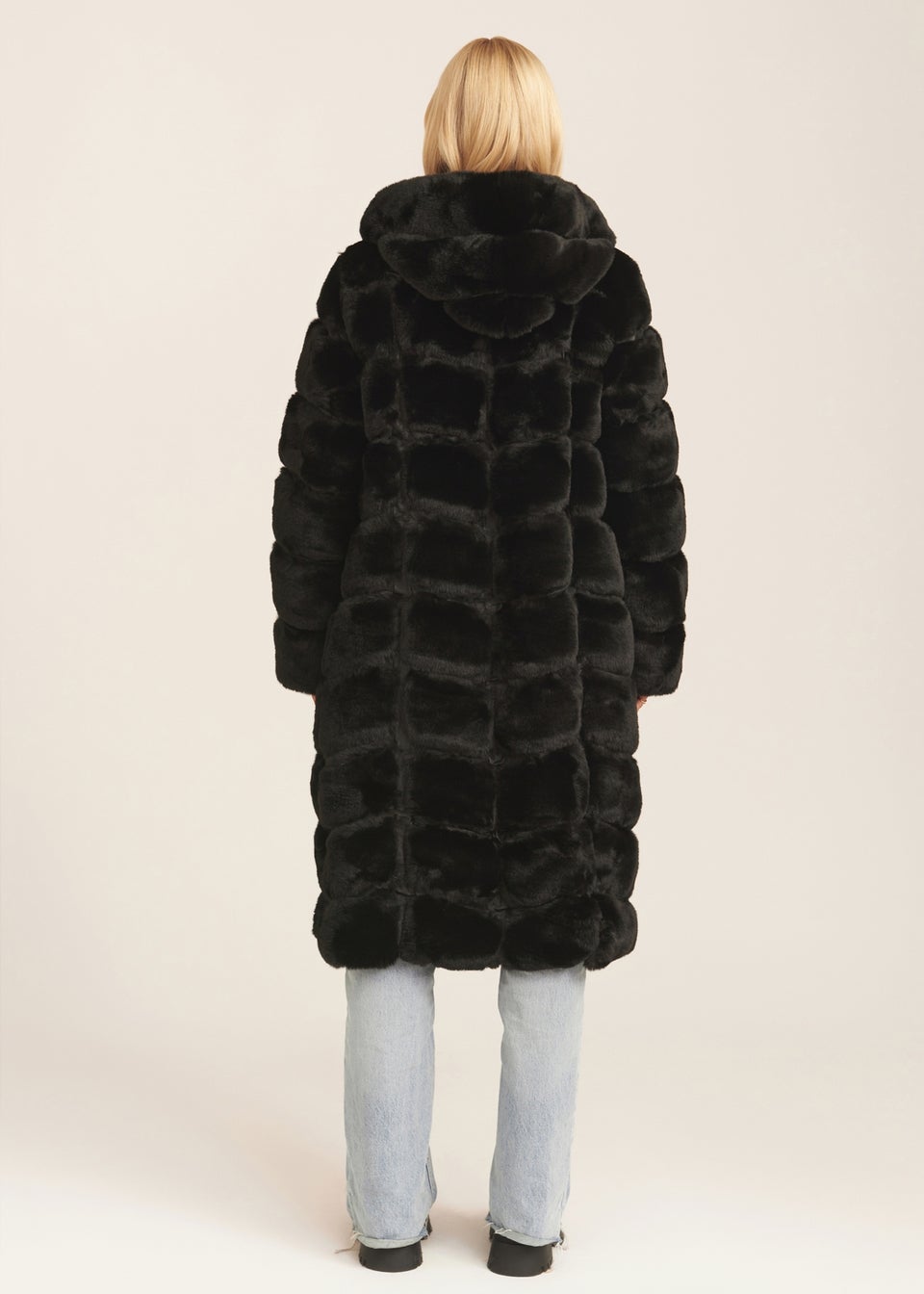 Gini London Black Panelled Hooded Longline Fur Coat