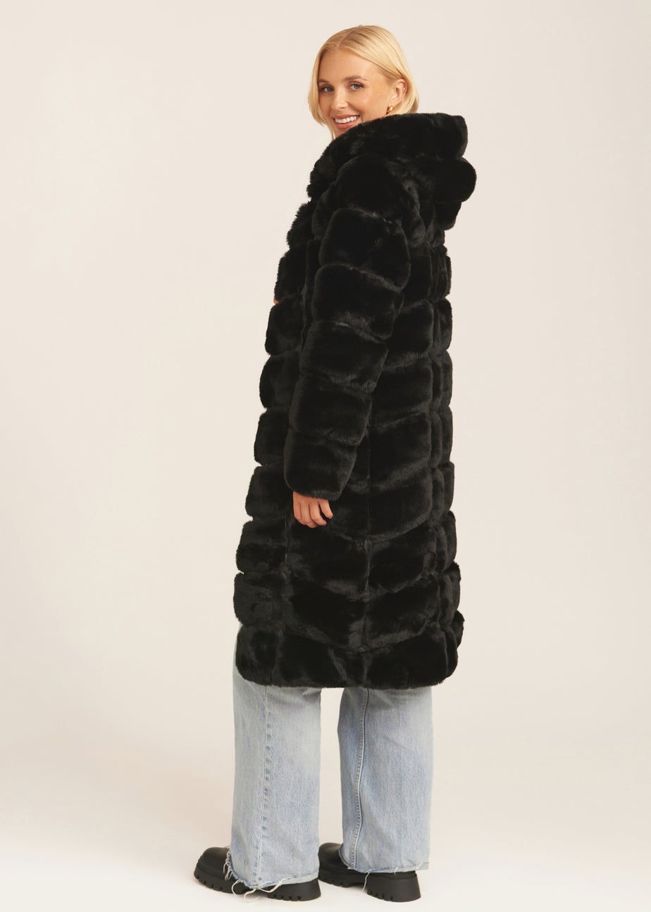Gini London Black Panelled Hooded Longline Fur Coat