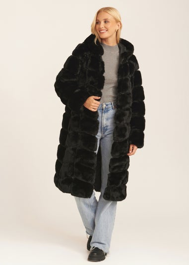 Gini London Black Panelled Hooded Longline Fur Coat