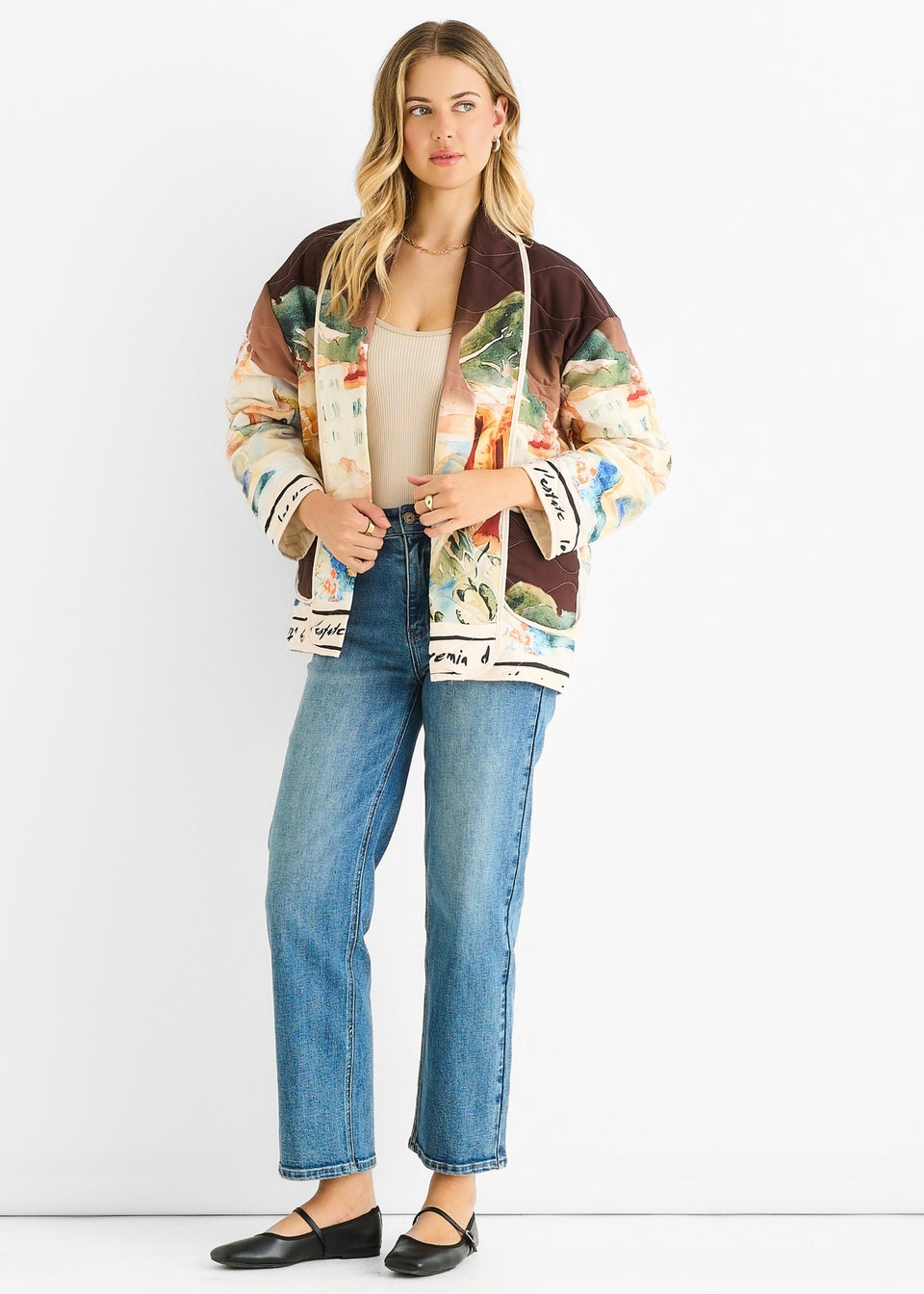 Gini London Chocolate Water Print Lightweight Quilted  Jacket