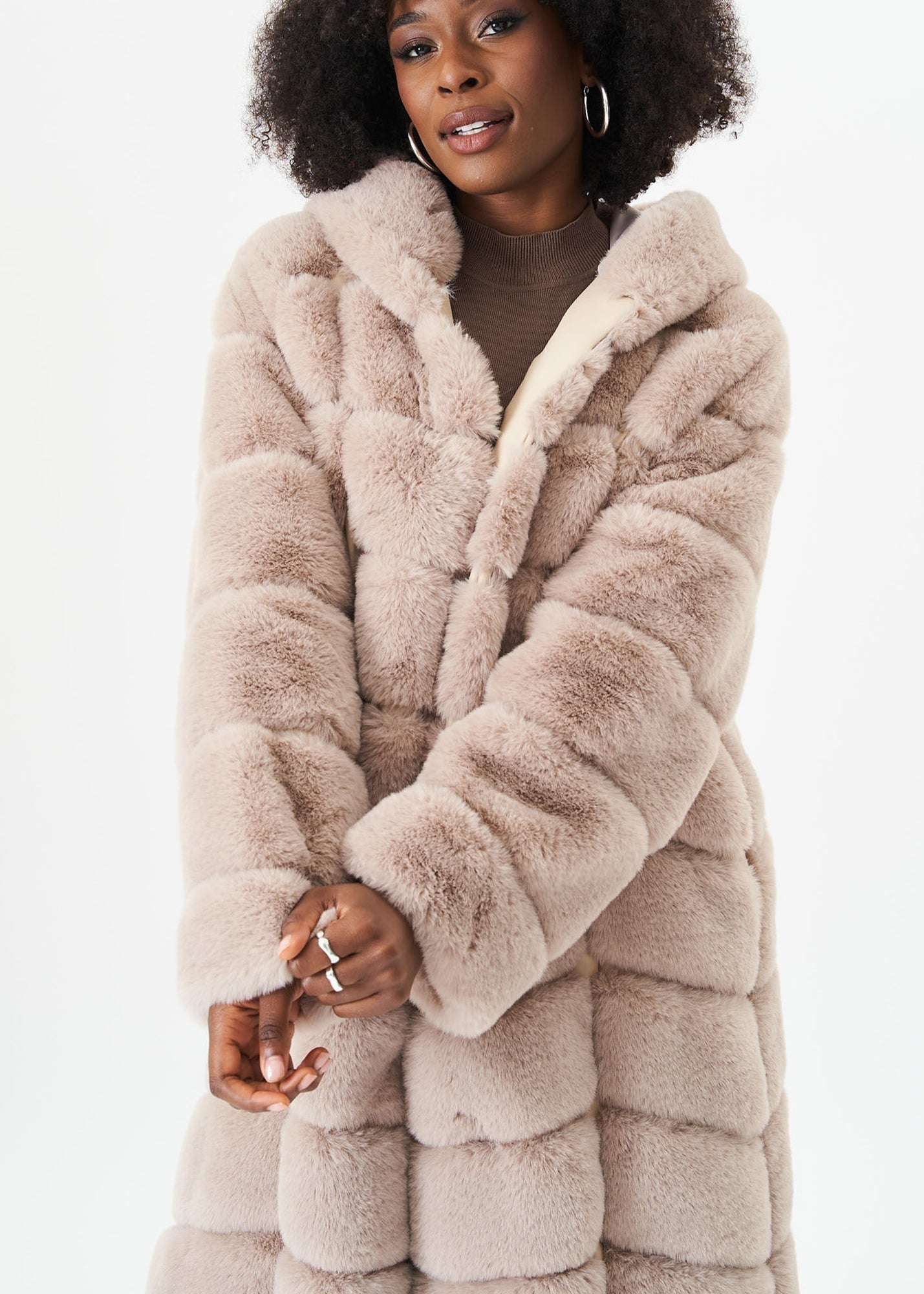 Gini London Stone Panelled Hooded Longline Fur Coat - Matalan