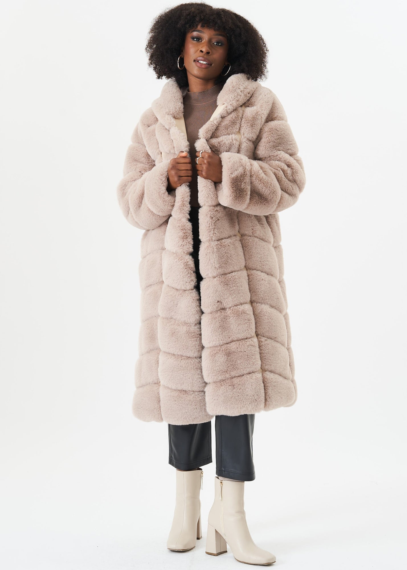 Gini London Stone Panelled Hooded Longline Fur Coat - Matalan