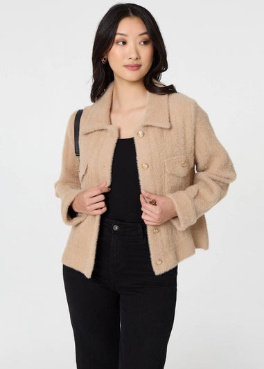Izabel London Beige Textured Button Front Boxy Shacket