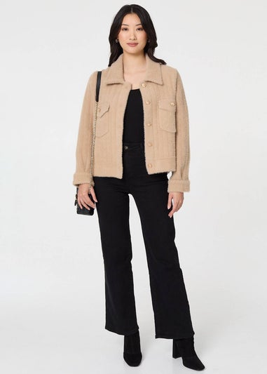 Izabel London Beige Textured Button Front Boxy Shacket